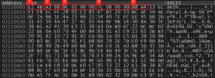 Image 11 is a screenshot of the compressed and encrypted TCP packet. Highlighted by numbers 1 through 5 are important transmitted data. 