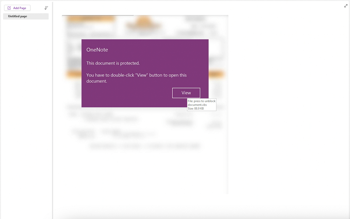 Image 1 is a screenshot of a Microsoft OneNote page with the contents blurred. A popup says OneNote. This document is protected. You have to double click “View” button to open this document. View button. A tooltip when hovering over the View button reads File: press to unblock document.vbs. Size: 88.9 KB.