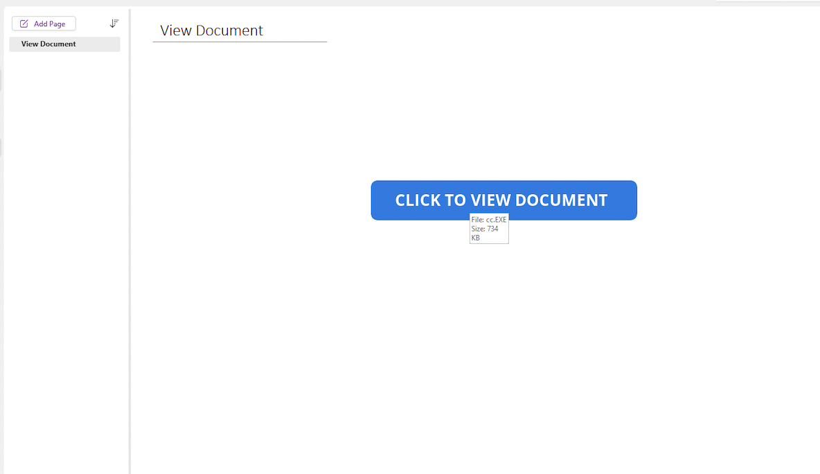 Image 2 is a screenshot of Microsoft OneNote. Blue CLICK TO VIEW DOCUMENT button. A tooltip when hovering over the View button reads File: cc.EXE. Size: 734 KB. 