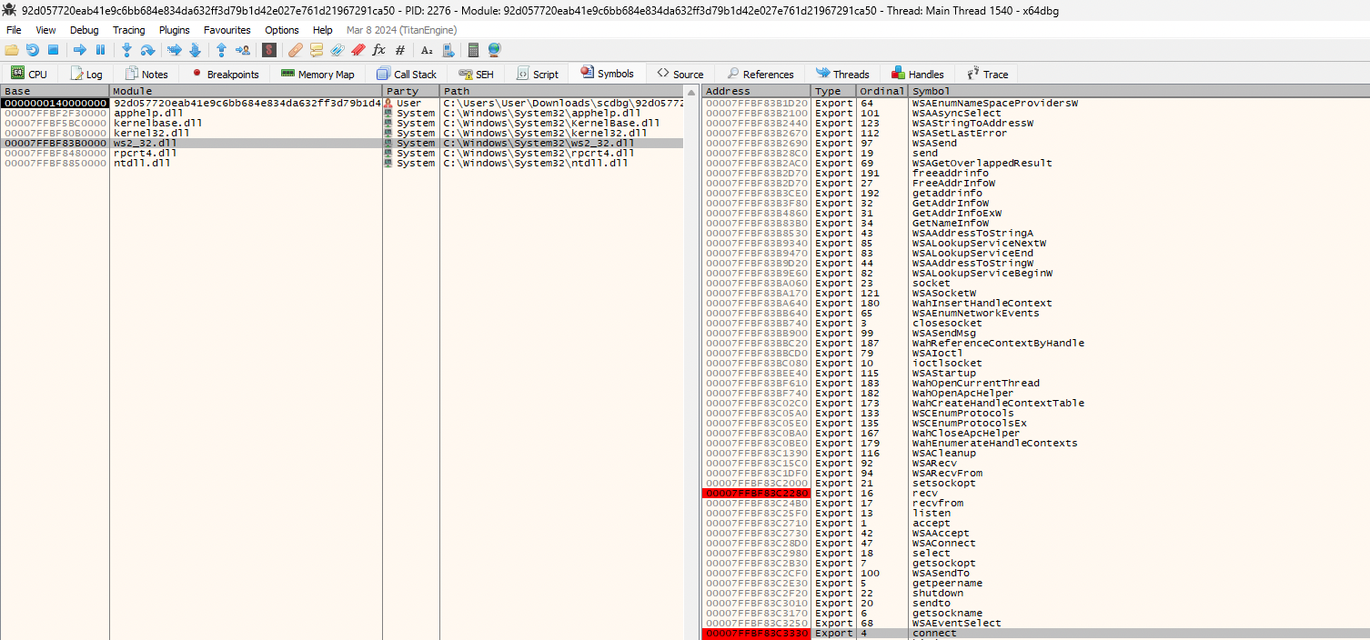 Image 12 is a screenshot of the breakpoints for ws2_32.dll. A line in left pane is highlighted in grey. Two addresses in the right pane are highlighted in red. 