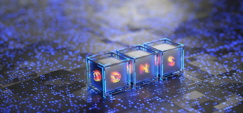 Three transparent cubes with glowing neon letters spelling "DNS" on a circuit board background with light blue and purple hues.