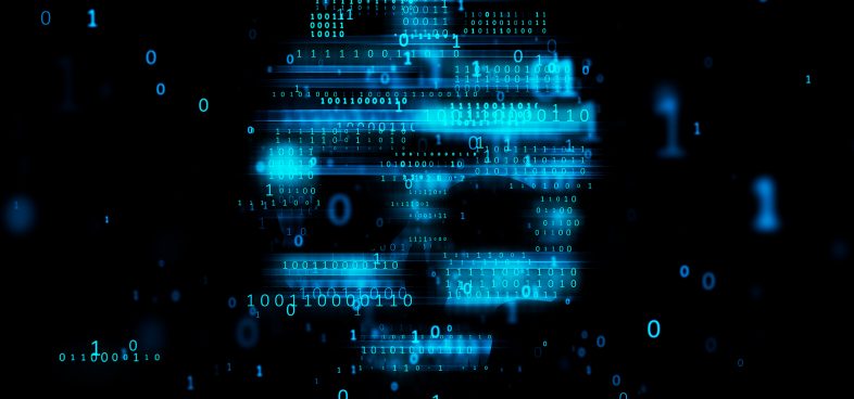 A digital image depicting a skull formed by binary code, composed of ones and zeros, in shades of blue against a black background. The binary numbers appear to float and overlay each other, creating a visually striking and thematic technological motif.