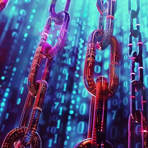 A digital illustration of glowing blockchain links superimposed on a background of binary code, representing cybersecurity and digital transactions in the context of modern financial technologies.