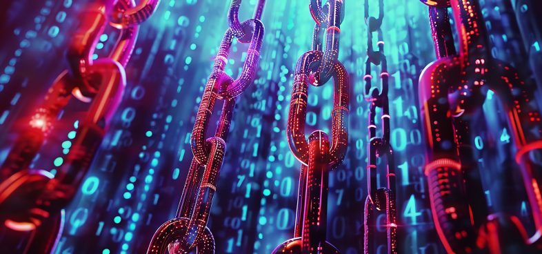 A digital illustration of glowing blockchain links superimposed on a background of binary code, representing cybersecurity and digital transactions in the context of modern financial technologies.