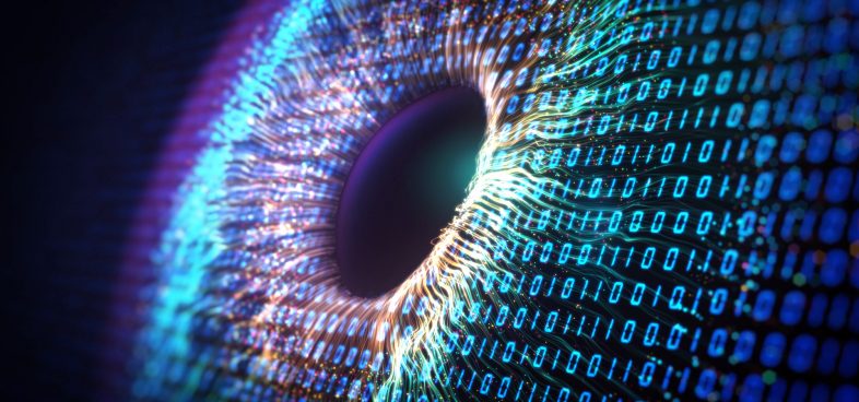 Close-up of a digital eye composed of bright blue binary code data, illustrating a concept of advanced technology in cybersecurity or artificial intelligence. The focus is on the iris and pupil surrounded by glowing digital numbers.