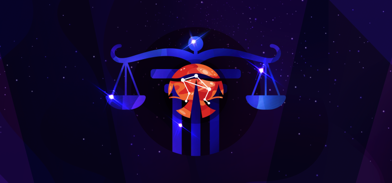 Pictorial representation of APT Bling Libra. The silhouette of a set of scales and the Libra constellation inside an orange abstract planet. Abstract, stylized cosmic setting with vibrant blue and purple shapes, representing space and distant planetary bodies.