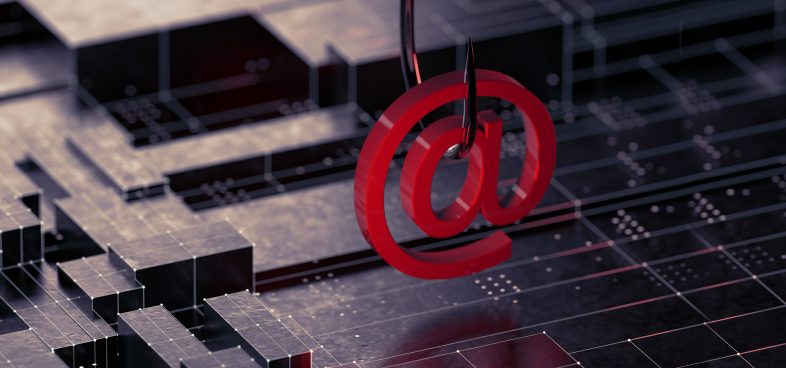 Three-dimensional render of a red at-symbol suspended by a fishhook over a reflective graphite-colored tiled surface, with abstract patterns and shapes creating a digital landscape. It suggests themes of phishing and business email compromise.