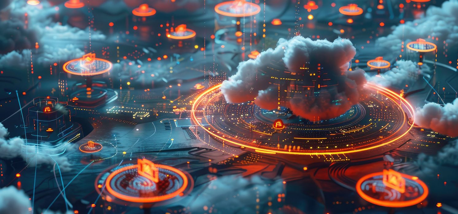 Futuristic illustration with glowing neon lights and advanced technology motifs, depicting cloud computing and data flow through interconnected networks. The scene is highlighted by hovering digital clouds and dynamic, illuminated linear structures, set in a dramatic, blue and orange color scheme.