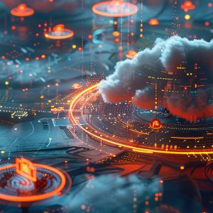 Futuristic illustration with glowing neon lights and advanced technology motifs, depicting cloud computing and data flow through interconnected networks. The scene is highlighted by hovering digital clouds and dynamic, illuminated linear structures, set in a dramatic, blue and orange color scheme.