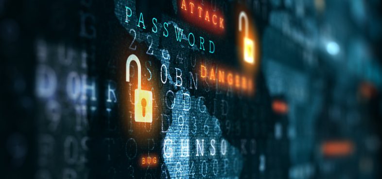Digital security concept with a visual depiction of a lock icon and various cybersecurity-related words such as "password," "attack" and "danger" illuminated in a blue digital interface that includes a world map.