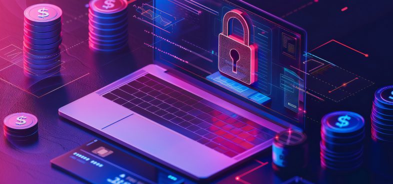 A digital illustration of a laptop with cybersecurity imagery including a padlock hologram, surrounded by stacks of coins and a credit card, emphasizing financial security. The setting is illuminated in blue, pink, and purple tones.