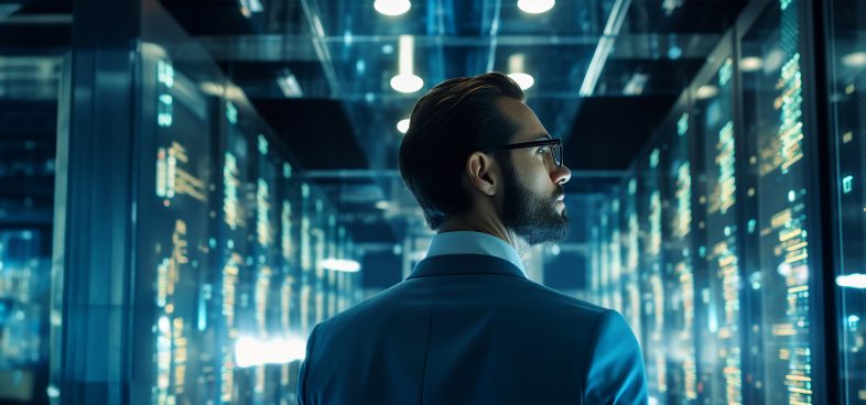 A man in a business suit stands in a modern data center illuminated by blue lights, looking contemplatively at server racks.
