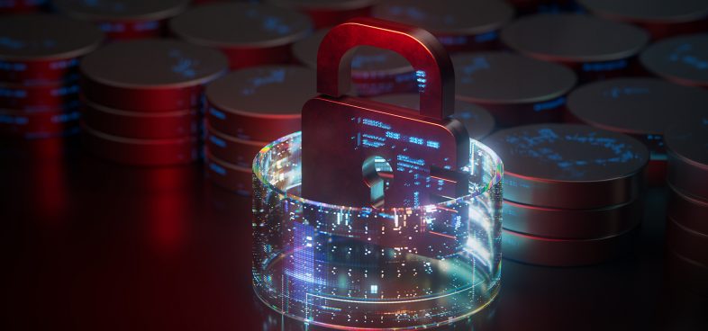 An illustration of a digital security concept featuring a transparent padlock superimposed over multiple hard drives illuminated by blue and red lights. The padlock displays coding and binary numbers, symbolizing data encryption and cybersecurity measures. The image is set against a dark background to enhance the glowing technological elements.