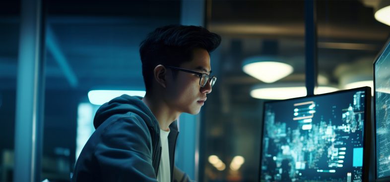 Person wearing glasses and a hoodie, sitting in a dimly lit room, focused on a computer screen displaying complex data visualizations.