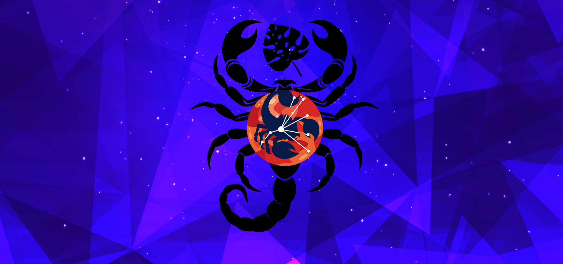 Pictorial representation of APT Tropical Scorpius. The silhouette of a scorpion and the Scorpius constellation inside an orange abstract planet. Abstract, stylized cosmic setting with vibrant blue and purple shapes, representing space and distant planetary bodies.
