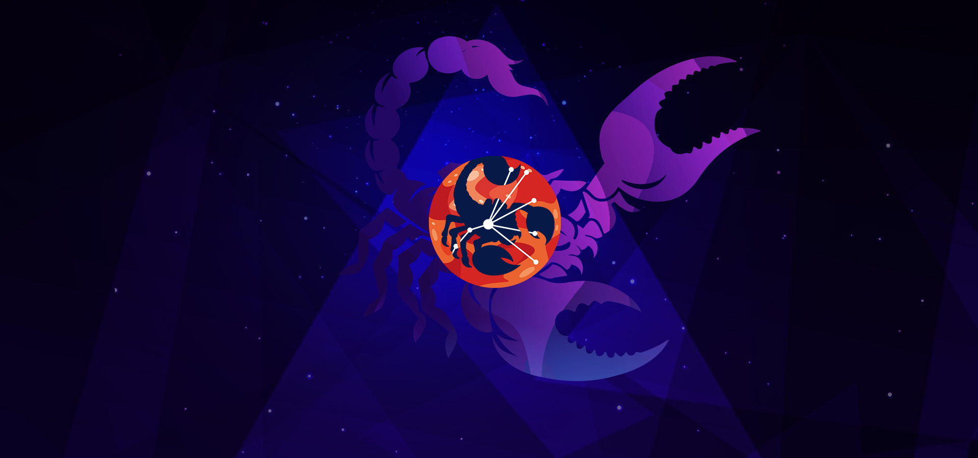 Pictorial representation of APT Flighty Scorpius. The silhouette of a scorpion and the Scorpius constellation inside an orange abstract planet. Abstract, stylized cosmic setting with vibrant blue and purple shapes, representing space and distant planetary bodies.