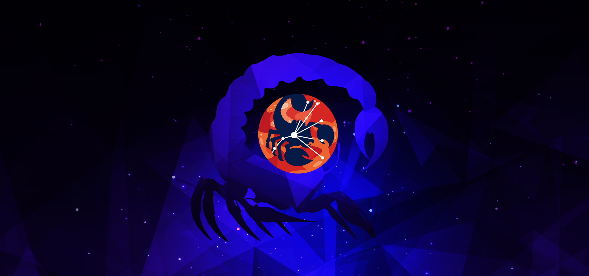 Pictorial representation of APT Repellent Scorpius. The silhouette of a scorpion and the Scorpius constellation inside an orange abstract planet. Abstract, stylized cosmic setting with vibrant blue and purple shapes, representing space and distant planetary bodies.