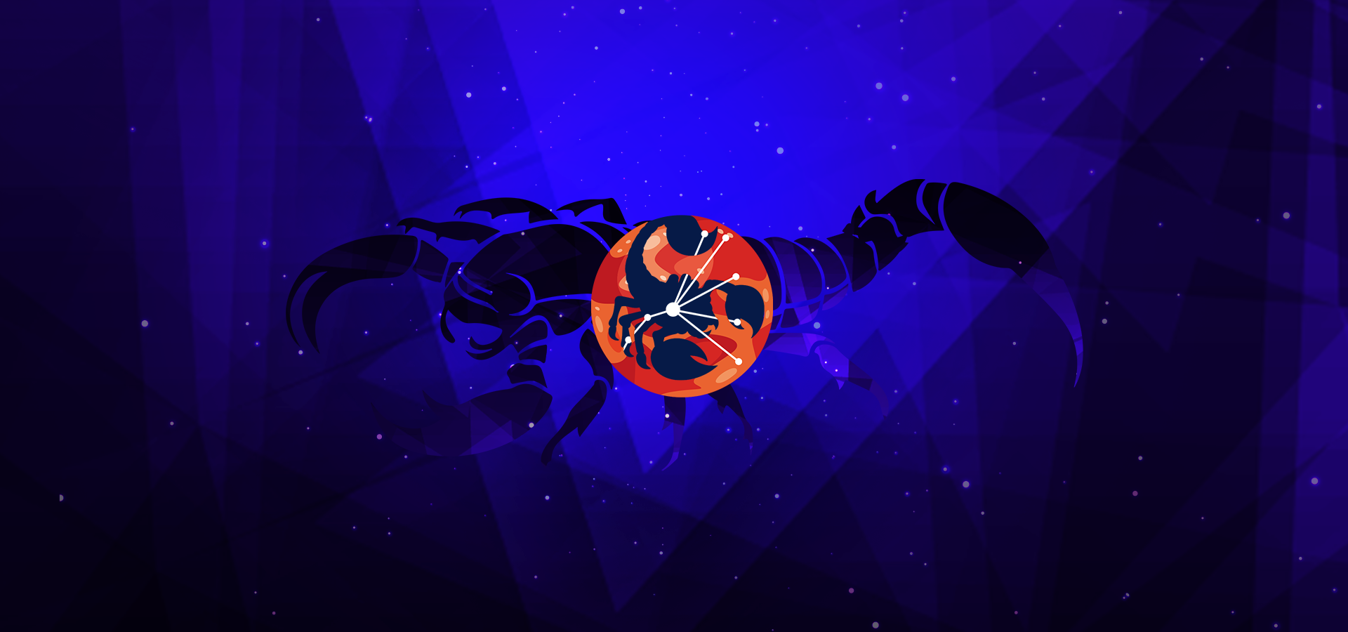 Pictorial representation of APT Tarnished Scorpius. The silhouette of a scorpion and the Scorpius constellation inside an orange abstract planet. Abstract, stylized cosmic setting with vibrant blue and purple shapes, representing space and distant planetary bodies.