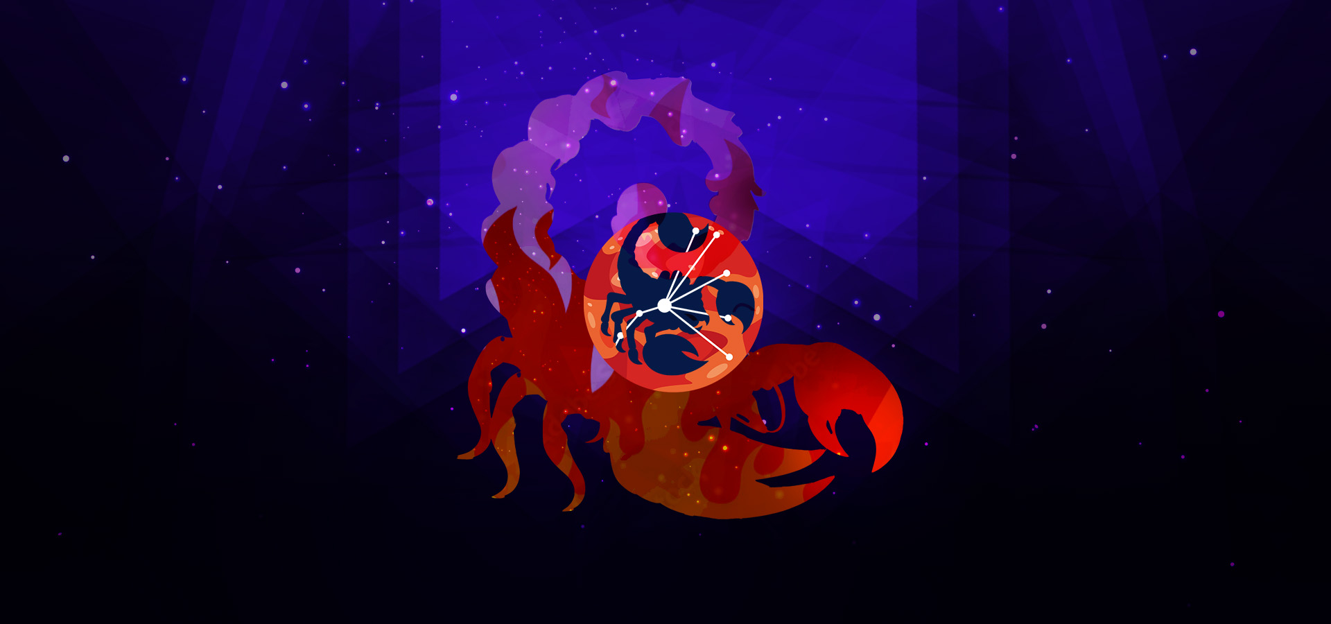 Pictorial representation of APT Fiery Scorpius. The silhouette of a scorpion and the Scorpius constellation inside an orange abstract planet. Abstract, stylized cosmic setting with vibrant blue and purple shapes, representing space and distant planetary bodies.