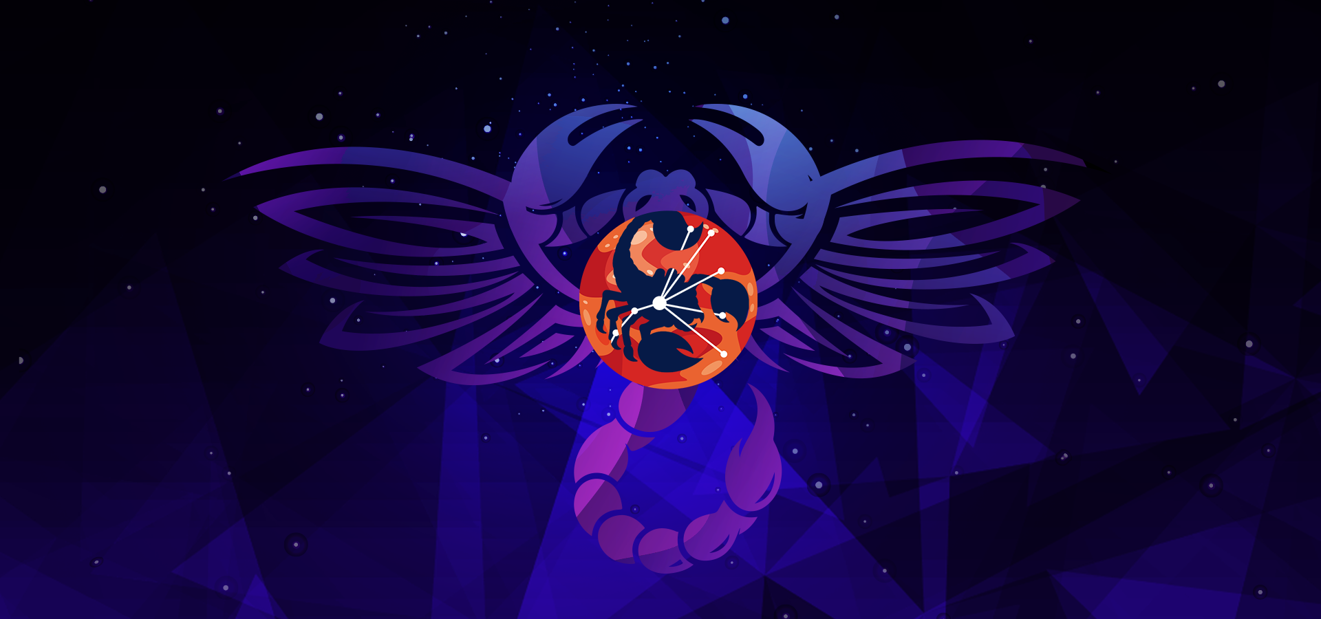 Pictorial representation of APT Fluttering Scorpius. The silhouette of a scorpion and the Scorpius constellation inside an orange abstract planet. Abstract, stylized cosmic setting with vibrant blue and purple shapes, representing space and distant planetary bodies.