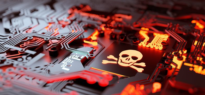 Glowing red skull and crossbones symbol on a highly detailed, illuminated circuit board background, suggesting a concept of cyber threat or computer virus.