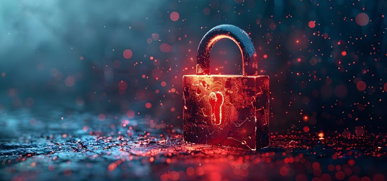 A glowing red padlock illuminated by ambient light sits on a wet surface with red particles floating around it, creating a mystical or high-tech atmosphere. The padlock appears sturdy and closed, symbolizing security or protection.
