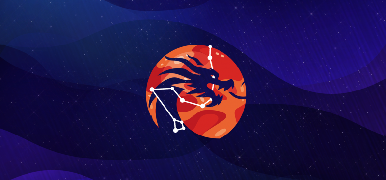 Pictorial representation of APT groups from Pakistan. The silhouette of a dragon and the Draco constellation inside an orange abstract planet. Abstract, stylized cosmic setting with vibrant blue and purple shapes, representing space and distant planetary bodies.