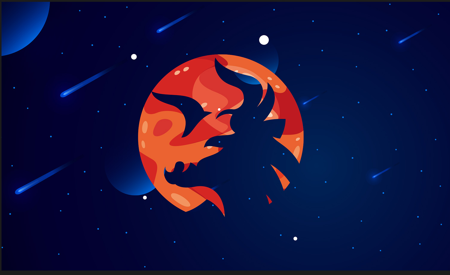 Pictorial representation of APT Starchy Taurus. The silhouette of a bull’s head and the Taurus constellation inside an orange abstract planet. Abstract, stylized cosmic setting with vibrant blue and purple shapes, representing space and distant planetary bodies.