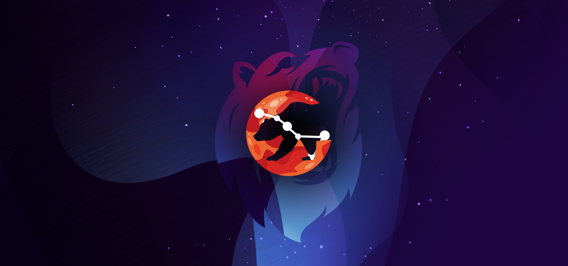 Pictorial representation of Russian threat actor groups. The silhouette of a bear and the Ursa constellation inside an orange abstract planet. Abstract, stylized cosmic setting with vibrant blue and purple shapes, representing space and distant planetary bodies.