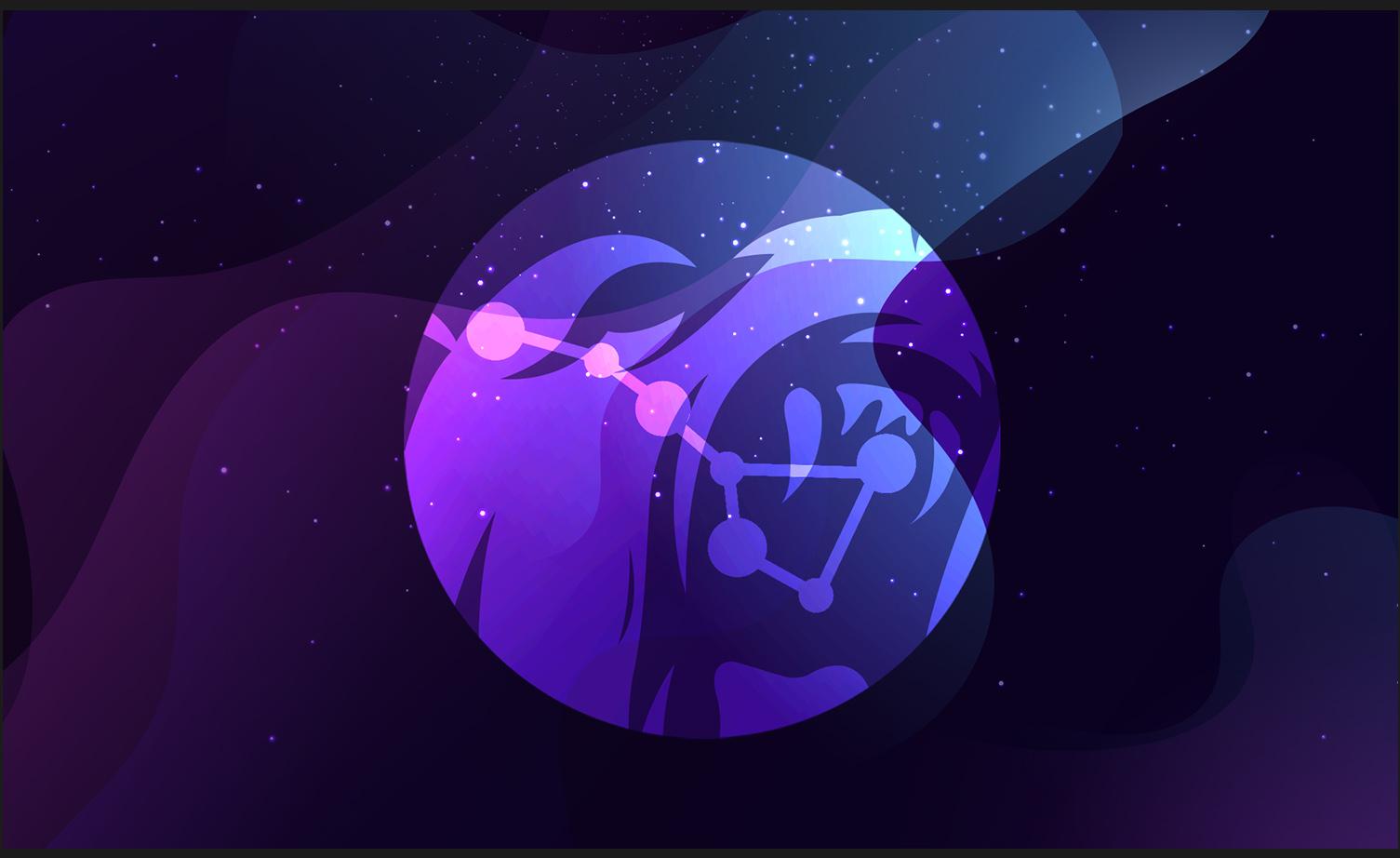 Pictorial representation of APT Cloaked Ursa. The side view of the face of a roaring bear and the Ursa constellation. Abstract, stylized cosmic setting with vibrant blue and purple shapes, representing space and distant planetary bodies.