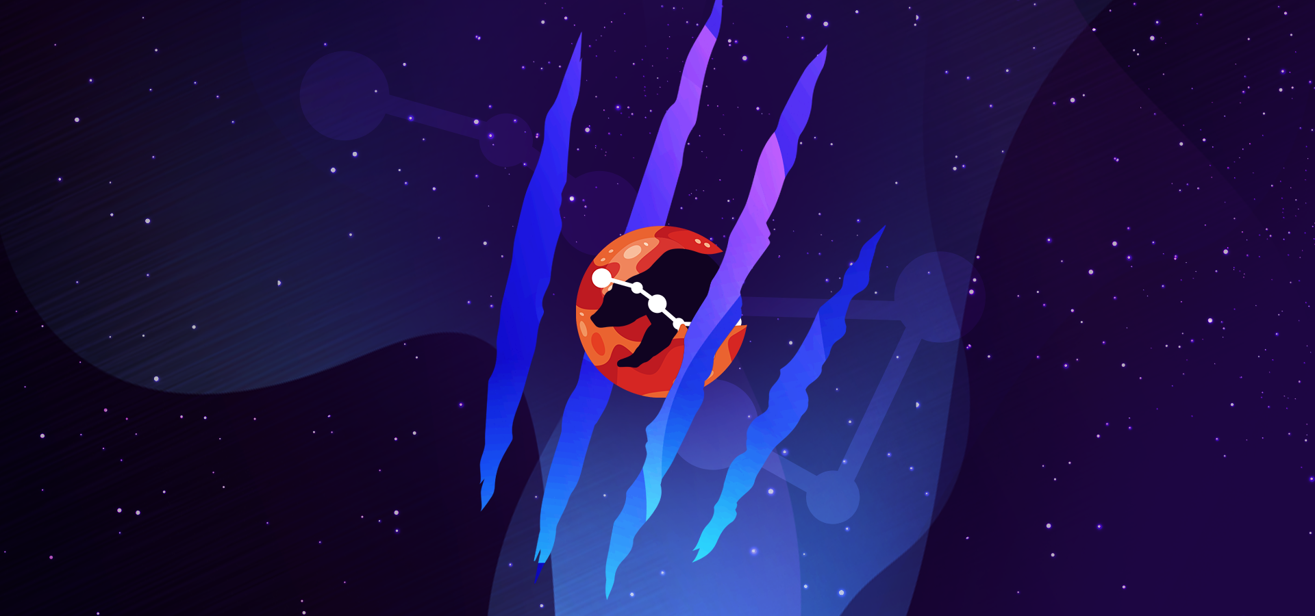 Pictorial representation of APT Fighting Ursa. The silhouette of a bear and the Ursa constellation inside an orange abstract planet. Abstract, stylized cosmic setting with vibrant blue and purple shapes, representing space and distant planetary bodies.