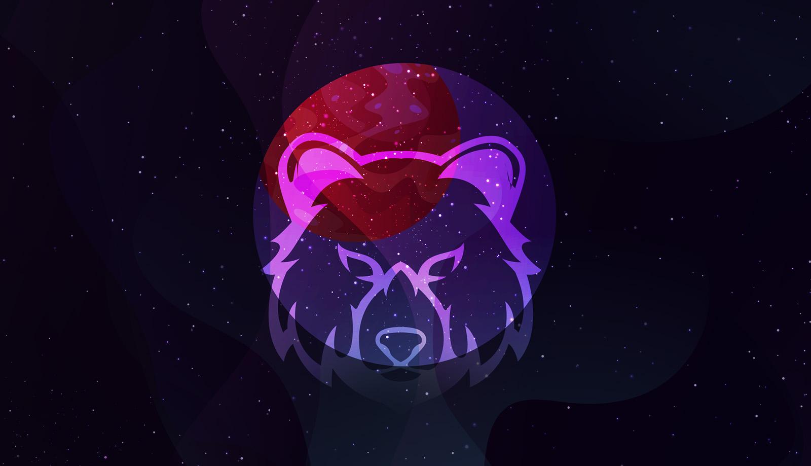 Pictorial representation of APT Pensive Ursa. The silhouette of a bear inside a purple and blue circle with some of its face hidden. Abstract, stylized cosmic setting with vibrant blue and purple shapes, representing space and distant planetary bodies.