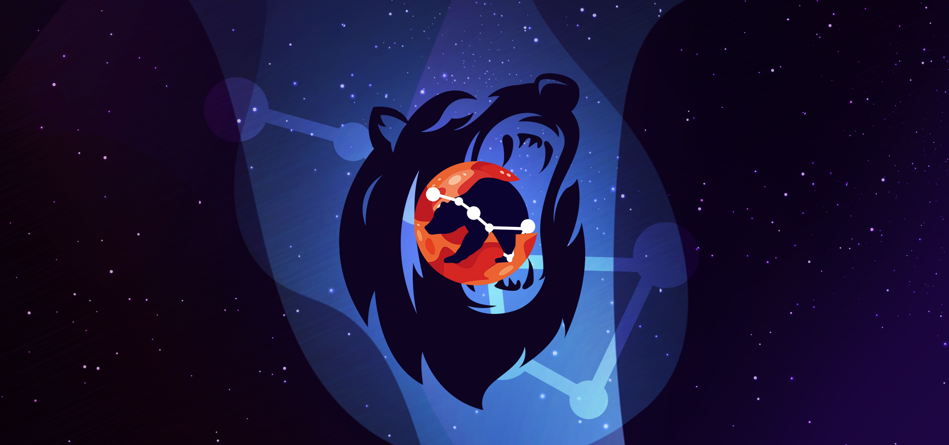 Pictorial representation of APT Razing Ursa. The silhouette of a bear and the Ursa constellation inside an orange abstract planet. Abstract, stylized cosmic setting with vibrant blue and purple shapes, representing space and distant planetary bodies.