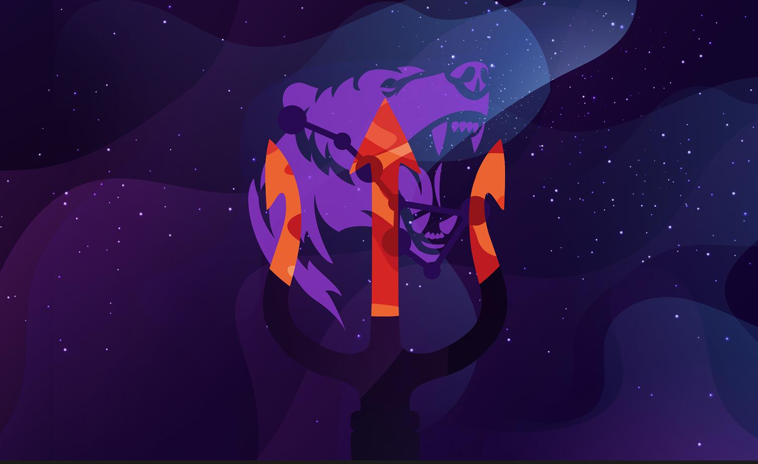 Pictorial representation of APT Trident Ursa. The silhouette of a bear and an orange trident. Abstract, stylized cosmic setting with vibrant blue and purple shapes, representing space and distant planetary bodies.