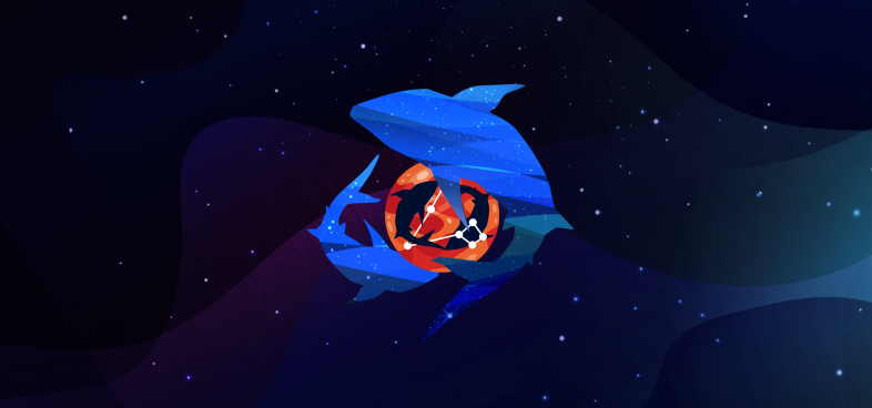 Pictorial representation of APT groups from North Korea. The silhouette of two fish and the Pisces constellation inside an orange abstract planet, surrounded by two larger blue fish. Abstract, stylized cosmic setting with vibrant blue and purple shapes, representing space and distant planetary bodies.