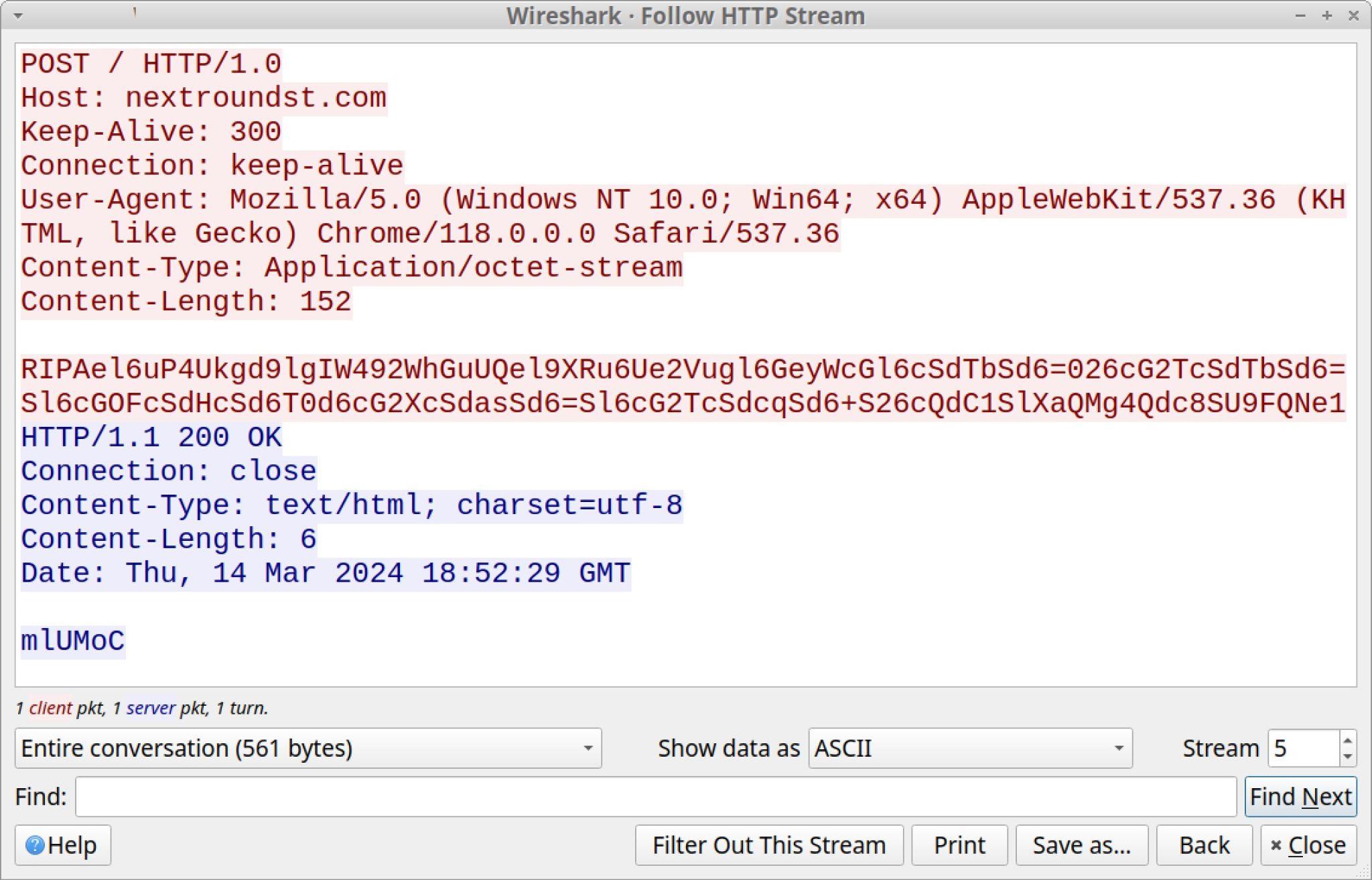 A screenshot of Wireshark software displaying an HTTP stream, capturing and showing detailed network packet data with various headers and hexadecimal values visible on the screen.