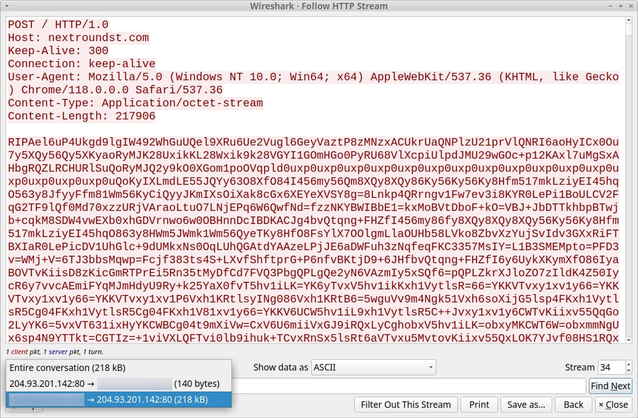 A screenshot of Wireshark software displaying an HTTP stream, capturing and showing detailed network packet data with various headers and hexadecimal values visible on the screen.