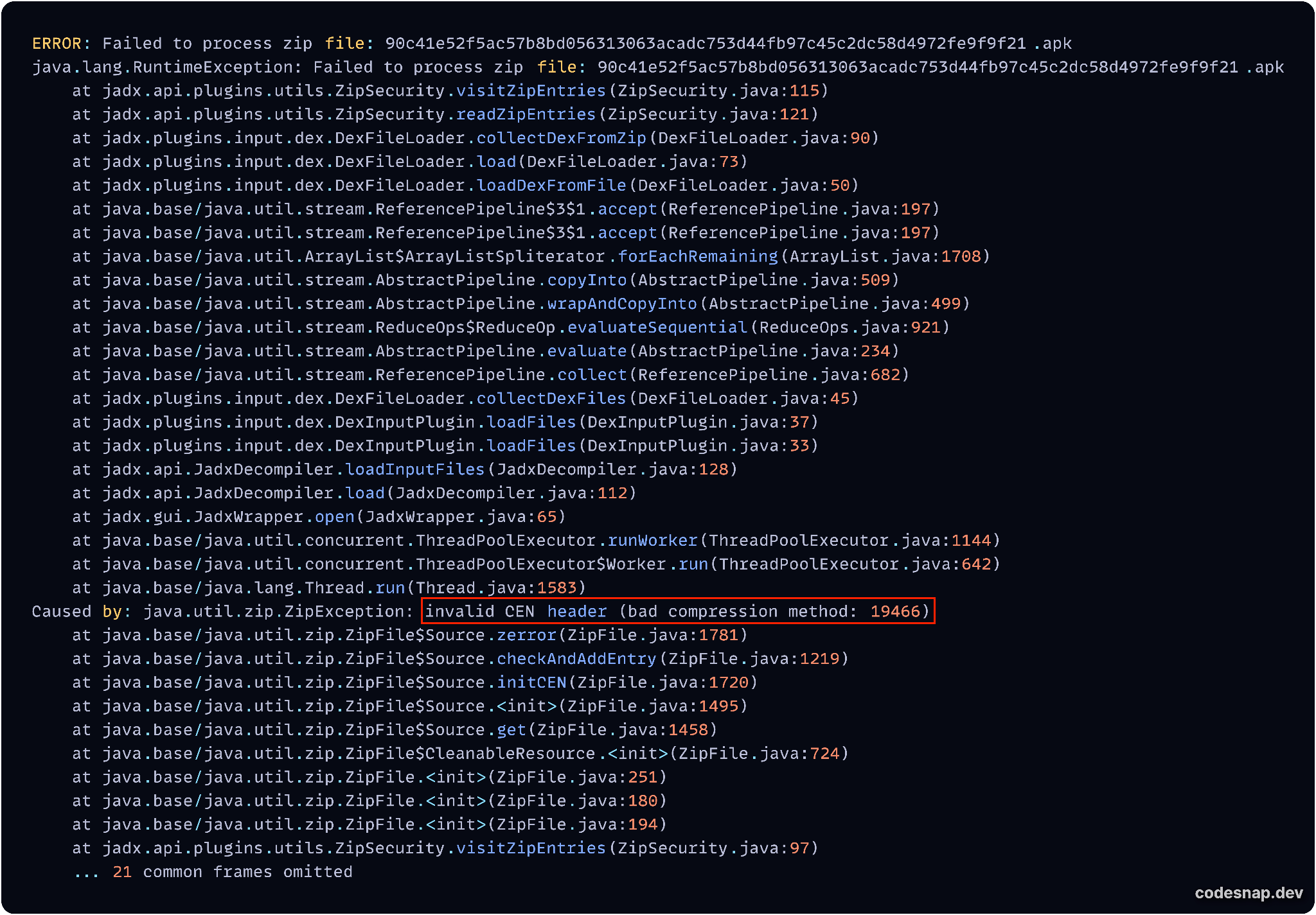 Image 11 is a screenshot of many lines of code. Highlighted in a red box is the line showing the error where Jadex could not process the sample. 