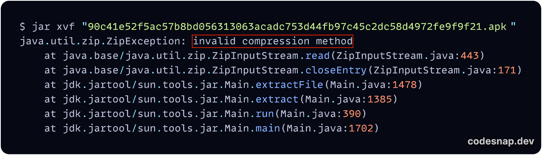 Image 12 is a screenshot of many lines of code. Highlighted in a red box is the line showing the error where JAR could not extract the XML file. Invalid compression method. 