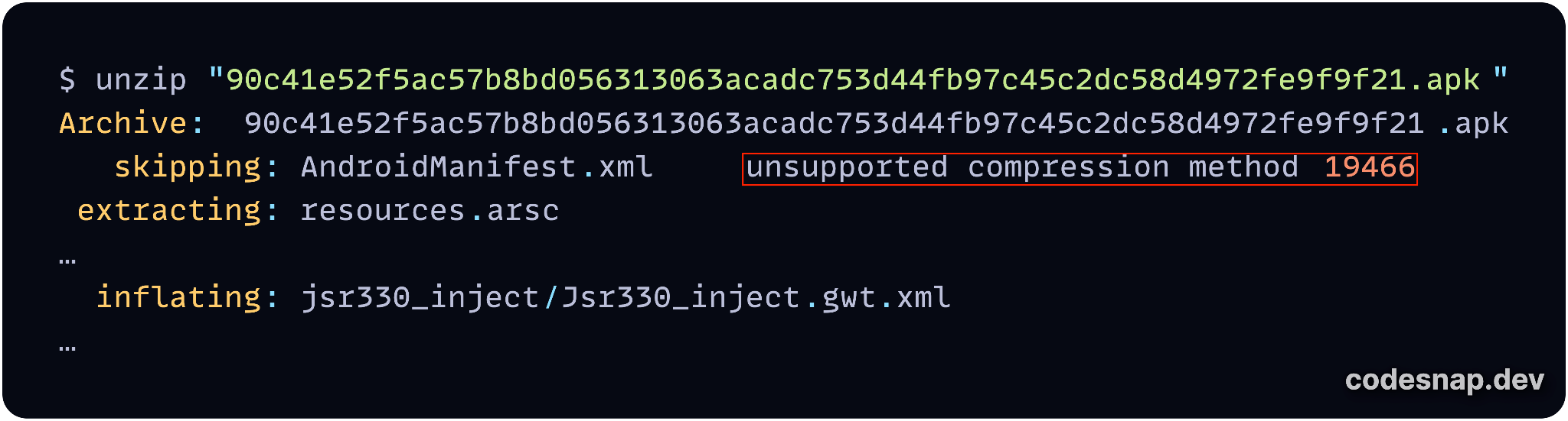 Image 13 is a screenshot of many lines of code. Highlighted in a red box is the line showing the error where the Unzip tool could not unpack the XML file. Unsupported compression method 19466. 