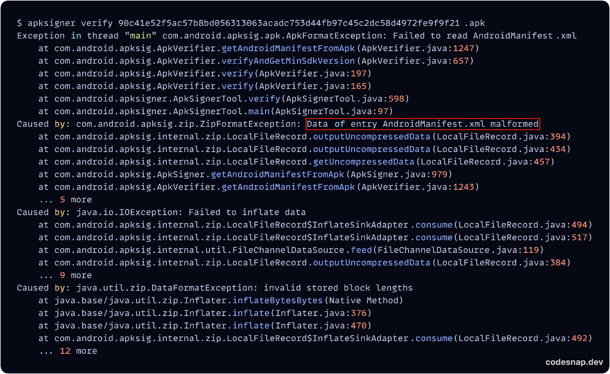 Image 14 is a screenshot of many lines of code. Highlighted in a red box is the line showing the error where Apksigner could not read the XML file. Data of entry AndroidManifest.xml malformed. 