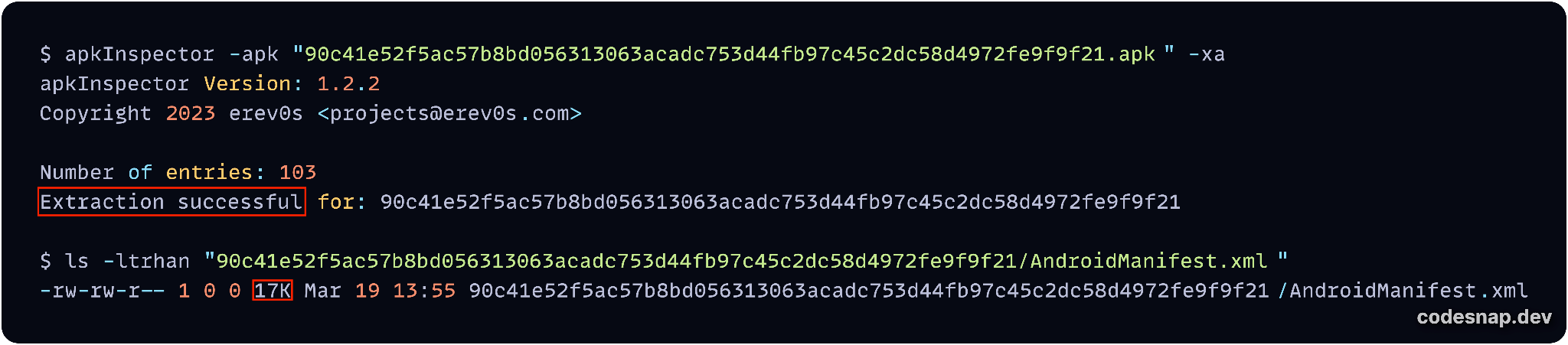 Image 15 is a screenshot of many lines of code. Highlighted in a red box is the line showing where the binary XML file was successfully extracted. “Extraction successful.” 