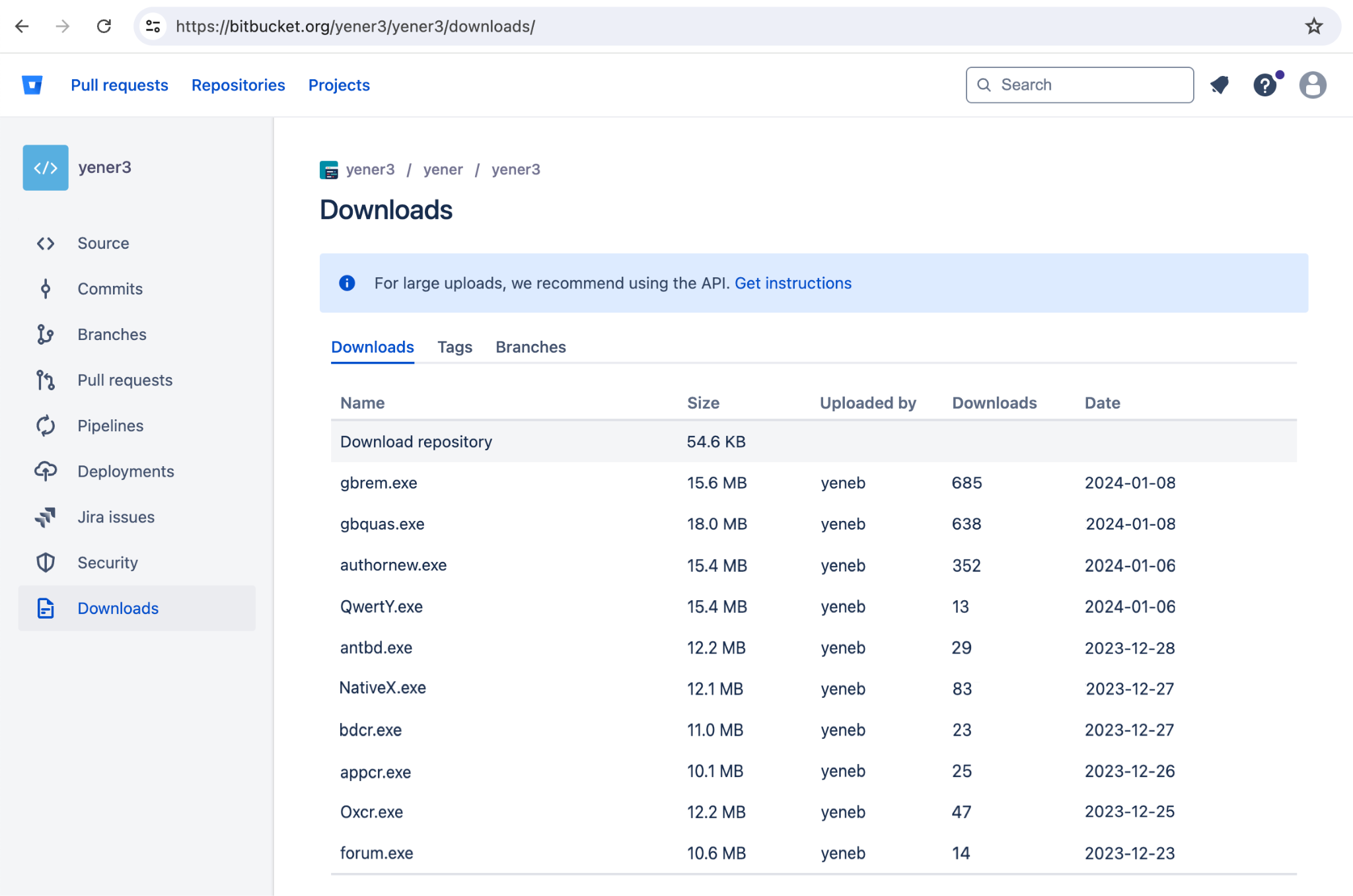 A screenshot of the "Downloads" page on the GitHub repository for a project called "yener3". The webpage is displayed with a menu on the left side, showing options like 'Code', 'Issues', 'Pull requests', 'Actions', 'Projects', 'Wiki', 'Security', 'Insights', and 'Settings', highlighted on 'Downloads'. The main area shows a list of files available for download, including their names. The file sizes vary. The 'Download' button at the top right suggests users get API instructions for large uploads. The URL is visible in the browser's address bar.