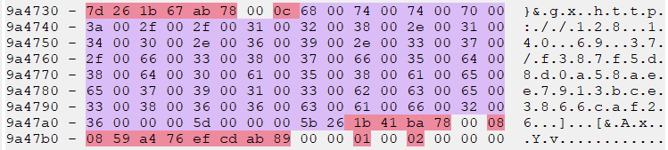 The image displays a hexadecimal code dump highlighted in shades of purple and red, indicating a focus on specific segments of data for analysis or debugging.