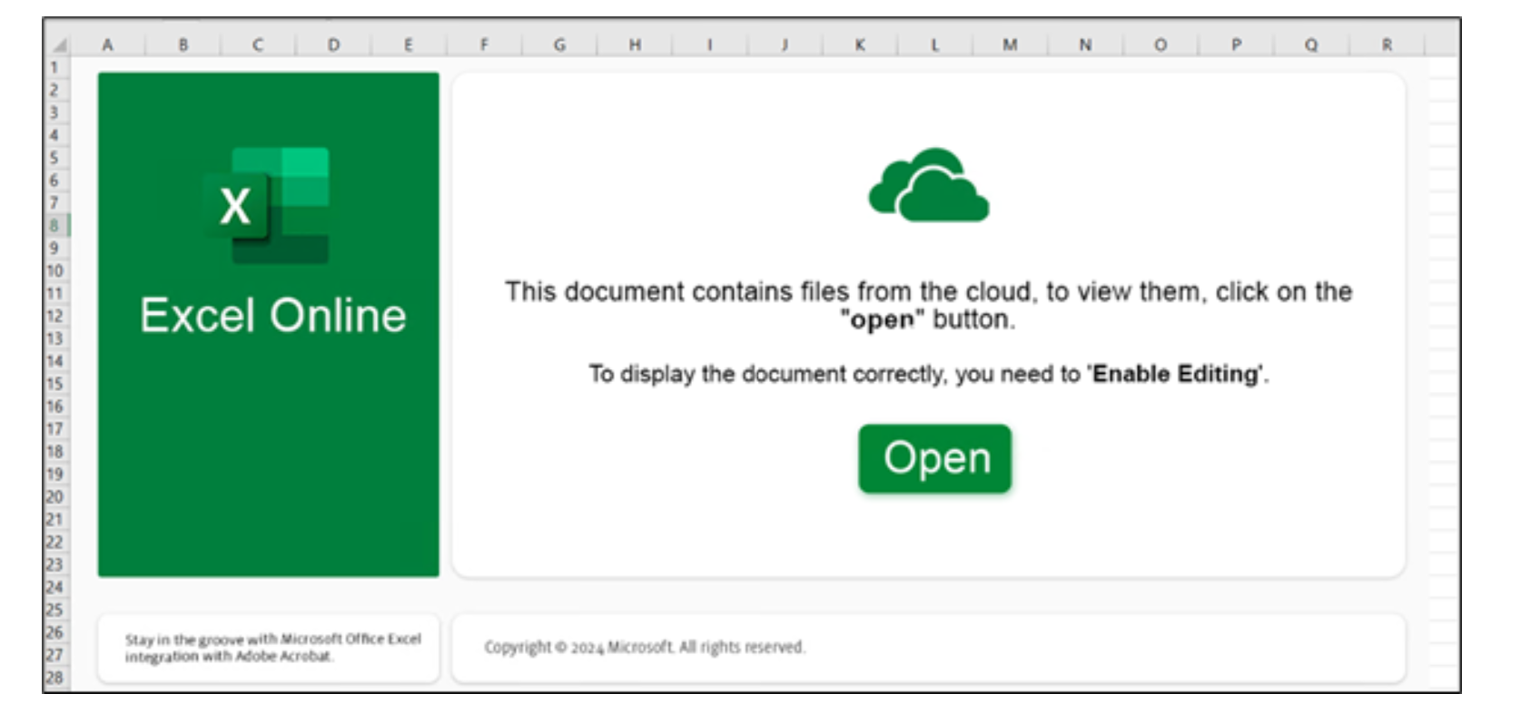 Screenshot of Excel Online interface displaying a message about files from the cloud, with an 'Open' button to enable editing.