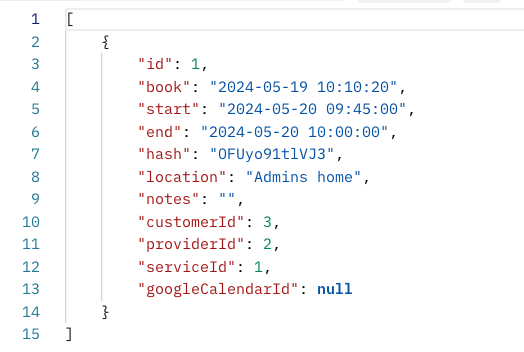 Screenshot of a web interface displaying API settings. The main panel shows JSON data with fields like "id", "start", "end", "book", "hash", "location", "serviceId", "providerId", and "customerId". The method is set to GET.