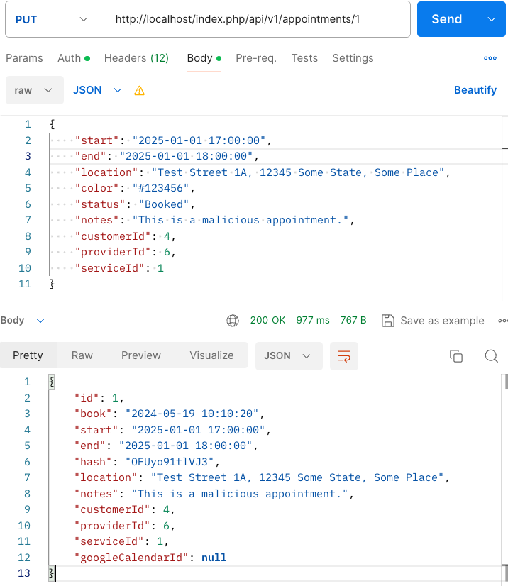 A screenshot of a software interface displaying a PUT request in an API testing tool. The request includes various parameters like appointment date, location, and customer details in JSON format, with a response code 200 OK shown at the bottom.